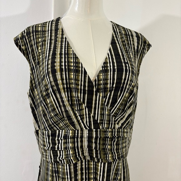 Calvin Klein Womens Dress Olive Green Brown White Stripe Print Size 12 Stretch - Picture 2 of 12